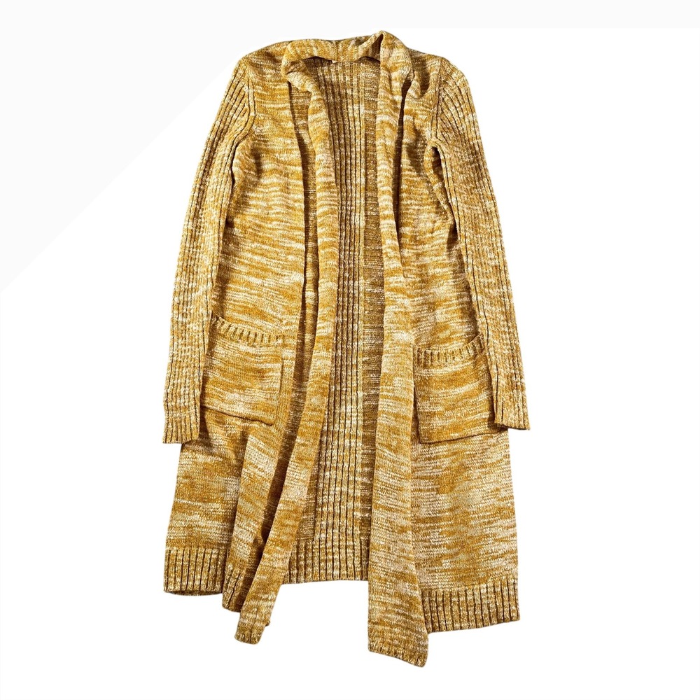 Anthropologie Mustard Yellow Marled Open Front Longline Cardigan Sweater Size XS